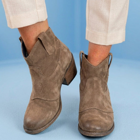 Orthopedic Suede Western Ankle Boots - Low Block Heel Pull-On