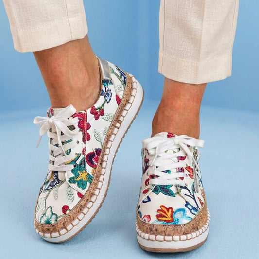 Orthopedic Canvas Espadrille Sneakers - Embroidered Floral Pattern & Cork Trim Detail