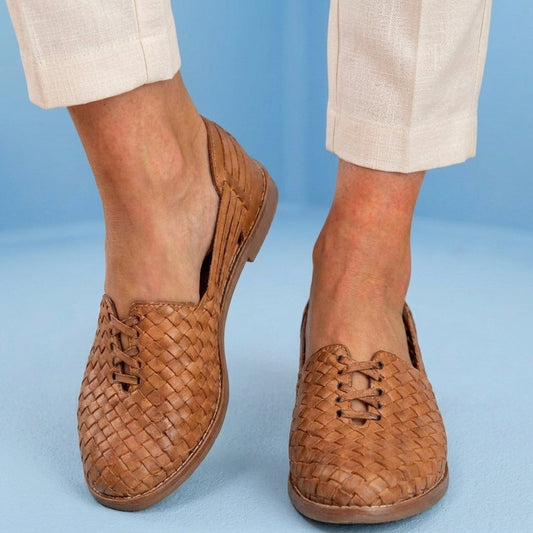 Orthopedic Leather Woven Slip-On Flats - Basketweave Cutout Detail