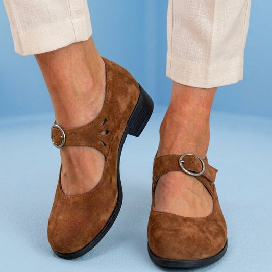 Orthopedic Suede Mary Jane Block Heels - Ring Buckle & Cutout Detail
