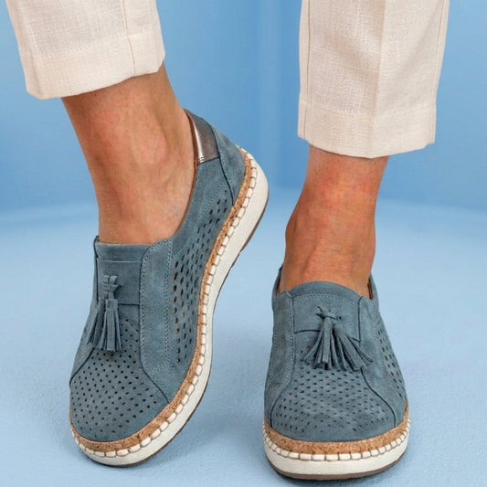 Orthopedic Leather Slip-On Sneakers - Tassel & Perforated Detail