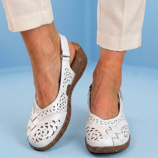Orthopedic Leather Slingback Wedges - Perforated Floral Cutout Pattern