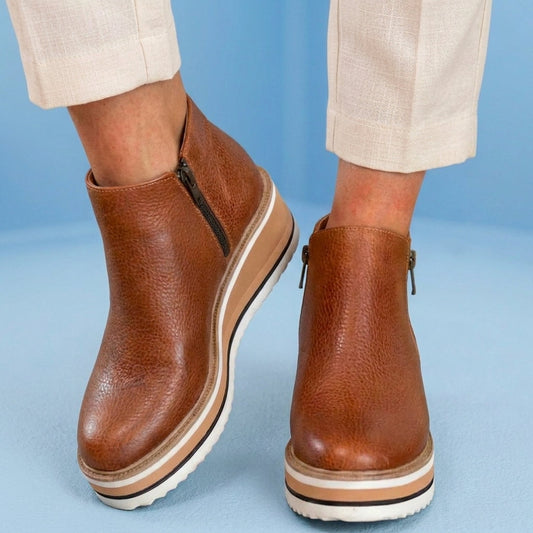Orthopedic Leather Platform Ankle Boots - Side Zip Wedge