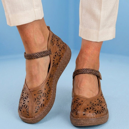 Orthopedic Leather Laser-Cut Flats - Braided Ankle Strap