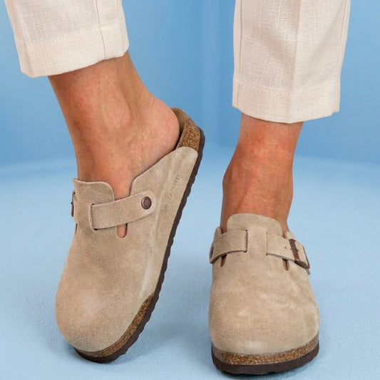 Orthopedic Suede Cork Footbed Clogs - Single Buckle Detail