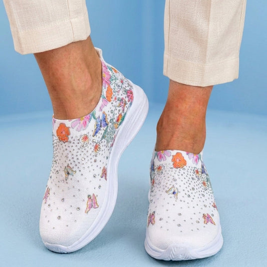 Orthopedic Knit Slip-On Sneakers - Butterfly & Floral Print & Crystal Embellishments