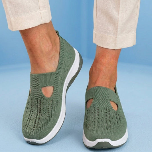 Orthopedic Knit Slip-On Wedge Sneakers - Cutout Teardrop Design & Rocker Sole